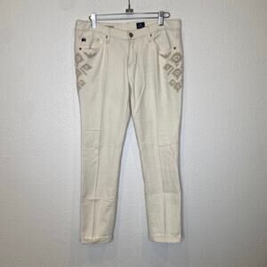 AG The Stevie Slim Straight Roll-Up Cream Pants EUC Sz 28R Stripes Embroidered
